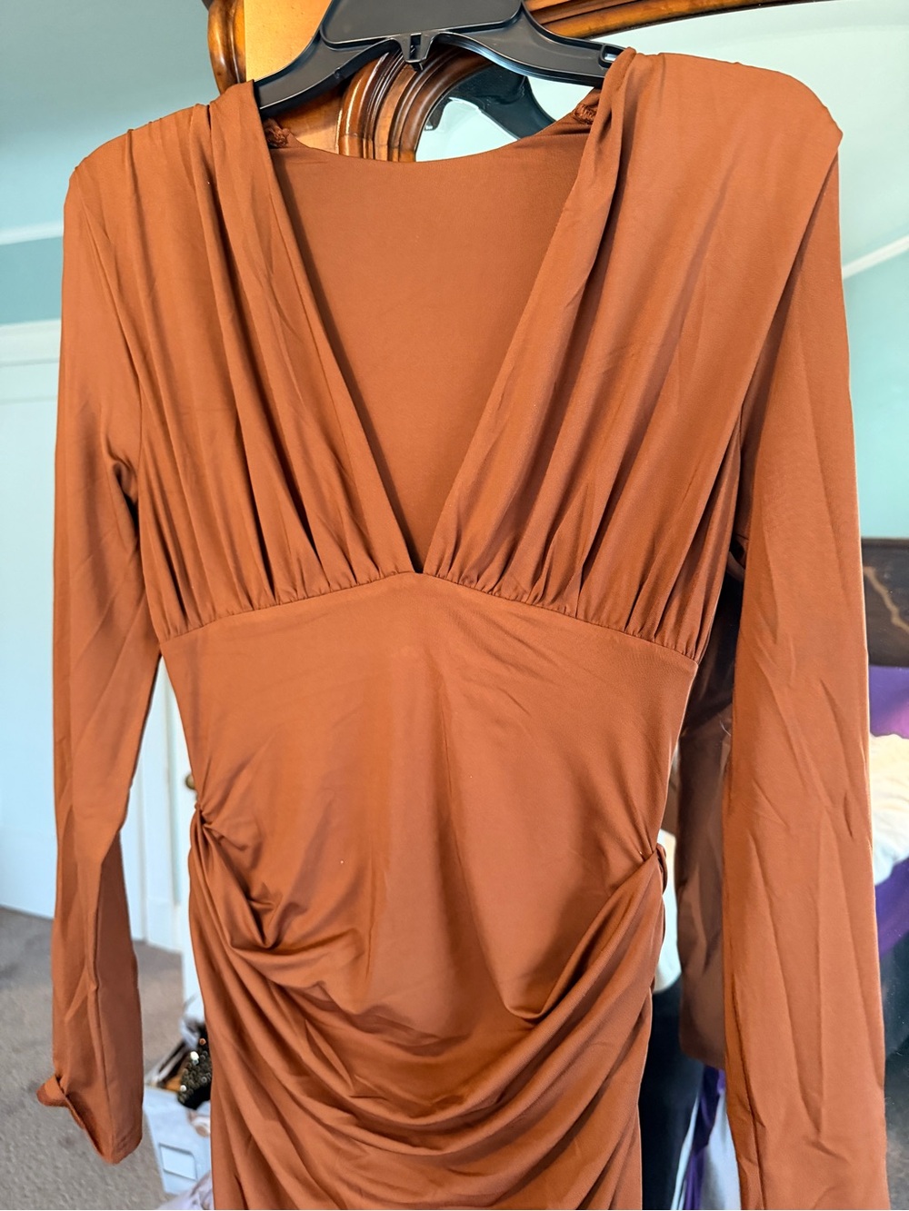 Rust Brown Deep V Long Sleeve Ruched Dress